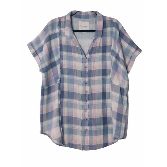 Lucky Brand Tops - Lucky brand womens xl gauzy cotton shirt blouse blue plaid top tab sleeve